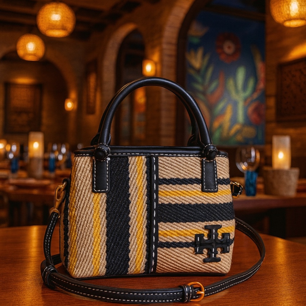 NEW Tory Burch Linen Stripe Mini Mcgraw Satchel/Crossbody Bag/Shoulder Bag